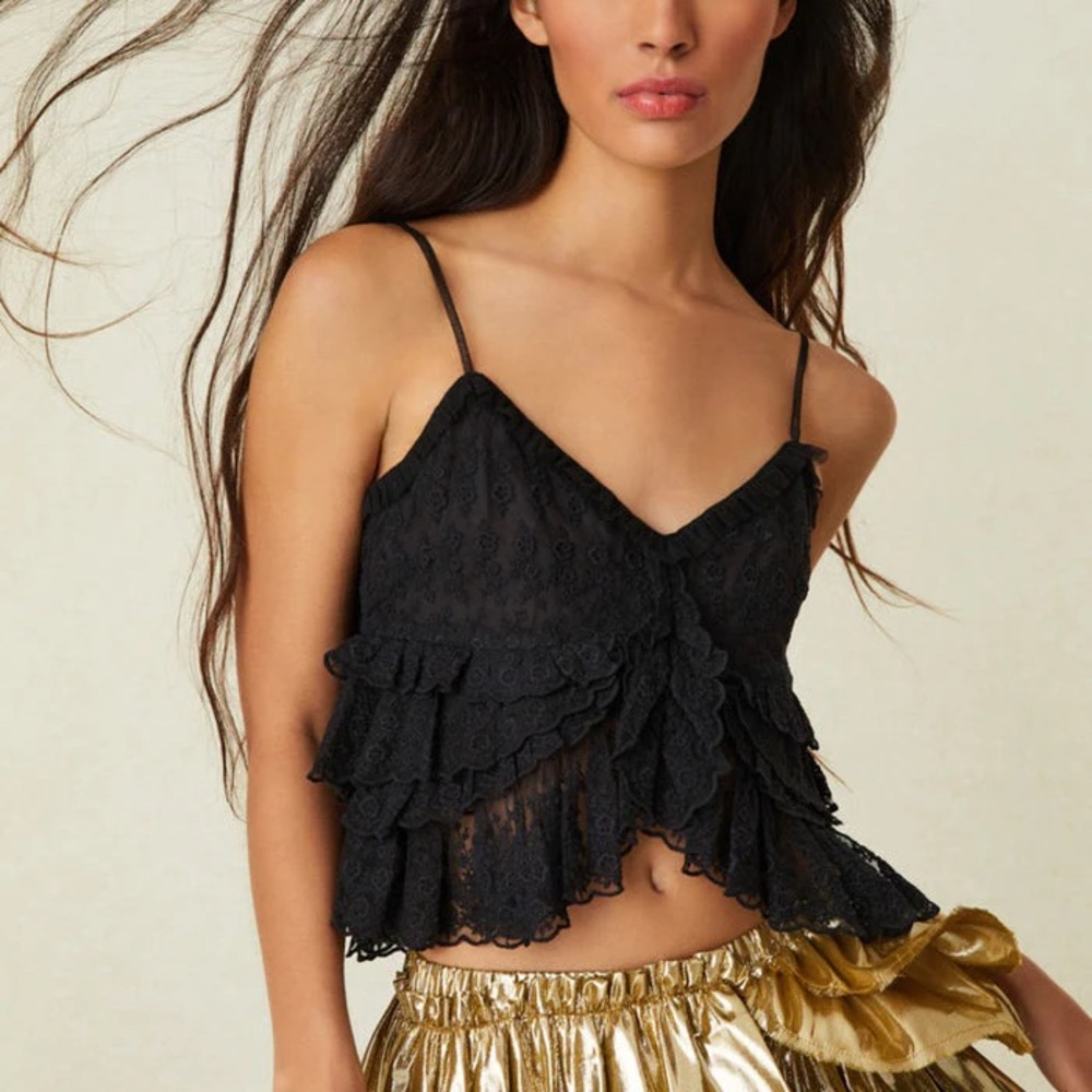 LoveShackFancy Black Lace Abbott Ruffle Top